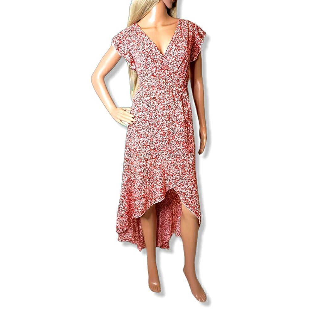 Grecerelle Red Floral Wrap High-Low Dress - Picture 4 of 10